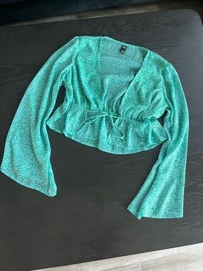 wild fable Teal Green Floral Tie-Front Peplum Crop Top